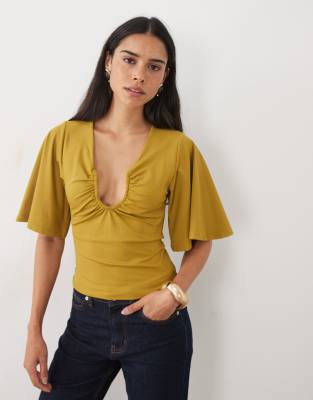 Asos Design Flutter Sleeve U Wire Top In Green