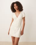 [ASOS DESIGN] ASOS DESIGN flutter sleeve V neck mini dress in neutral burnout 18 Neutral