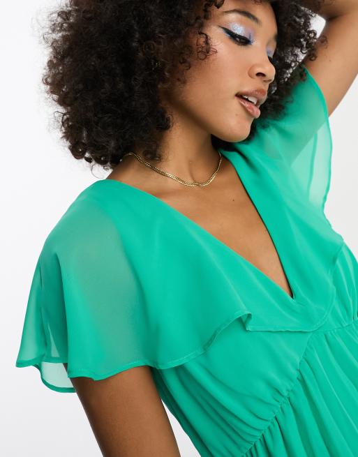 ASOS DESIGN flutter sleeve v neck pleat mini dress in emerald green