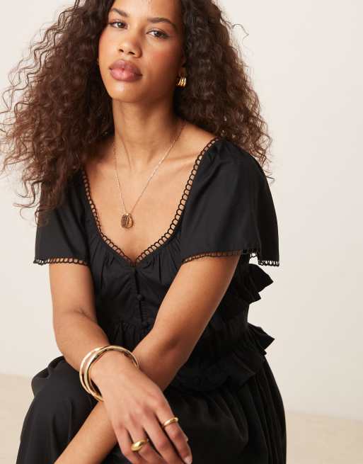 ASOS DESIGN flutter sleeve waisted maxi dress in black