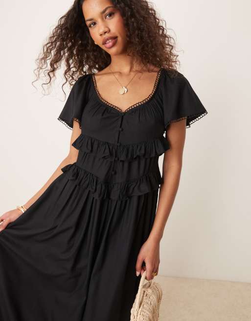 ASOS DESIGN flutter sleeve waisted maxi dress in black