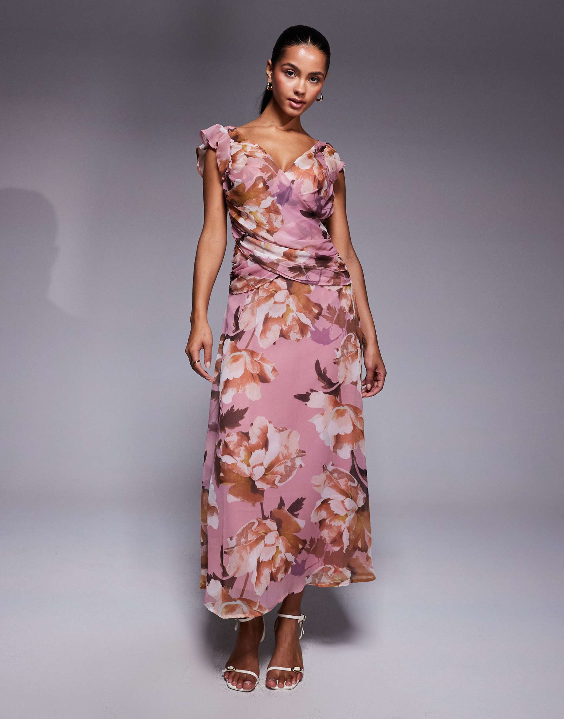 asos design flutter sleeve wrap maxi dress with pephem in vintage floral print