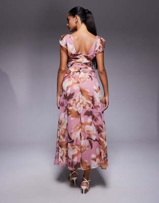 Asos Design Flutter Sleeve Wrap Maxi Dress With Pephem In Pink