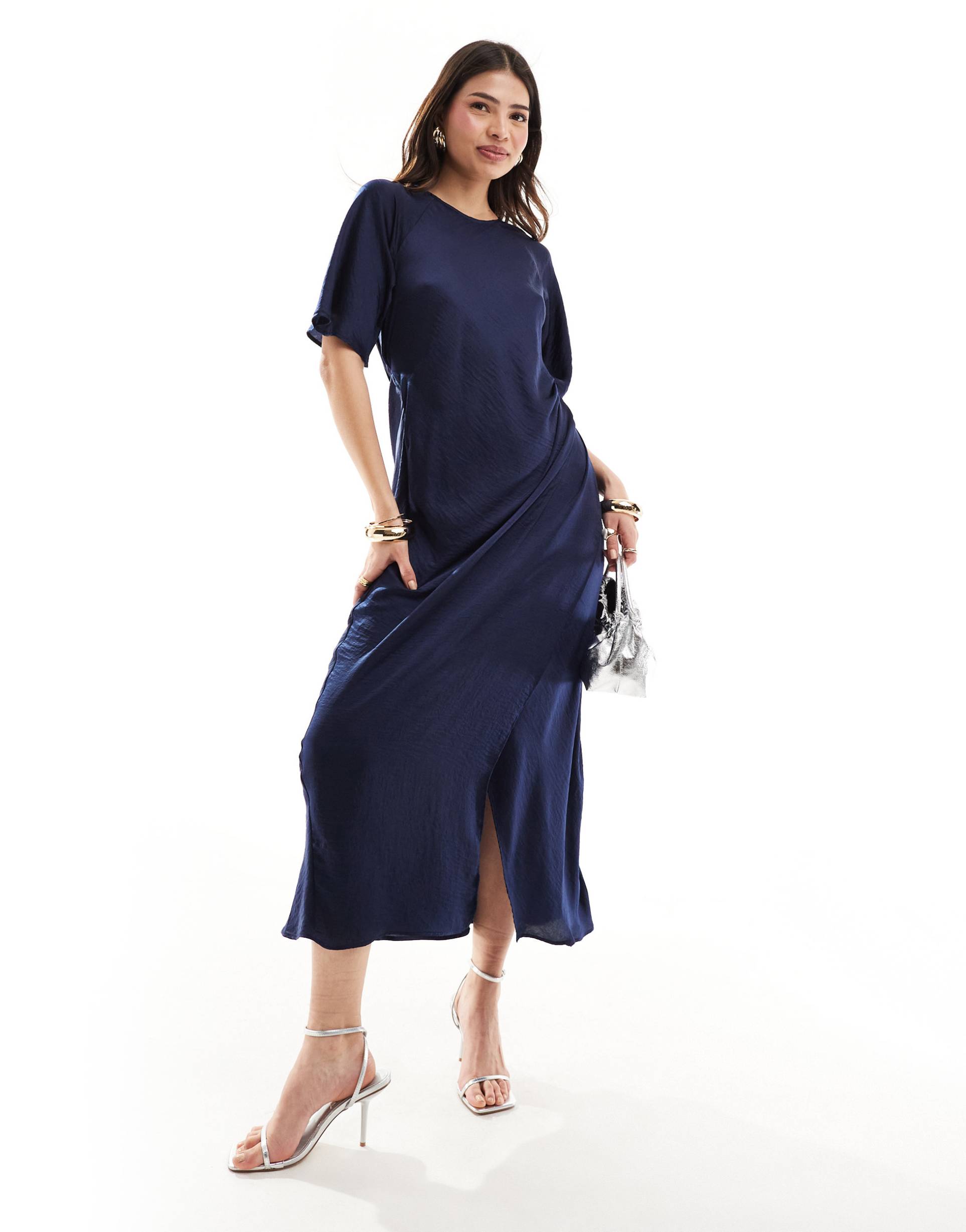 asos design flutter sleeve wrap midi dress in navy