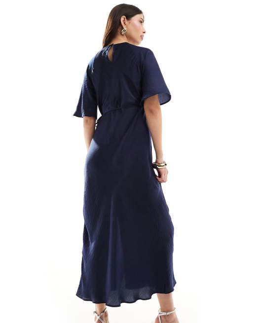 Navy wrap fashion midi dress