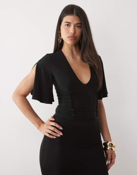 ASOS DESIGN flutter split sleeve seamed top in black - view 1