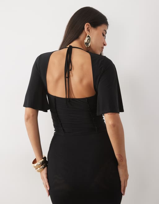 ASOS DESIGN flutter split sleeve seamed top in black, 4 of 4