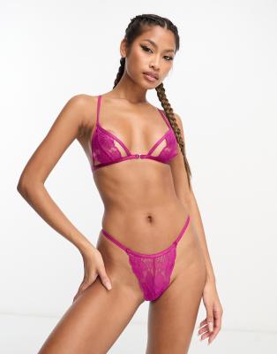 ASOS DESIGN - Flutter - Tanga in Magenta-Pink mit Spitze und Zierausschnitt-Marineblau