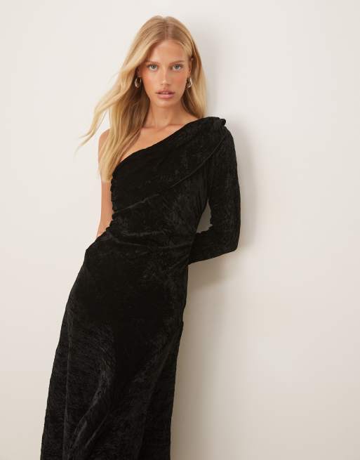 ASOS DESIGN - Fluwelen asymmetrische gedrapeerde maxi-jurk in zwart, 2 van 4