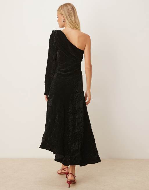 ASOS DESIGN - Fluwelen asymmetrische gedrapeerde maxi-jurk in zwart, 3 van 4