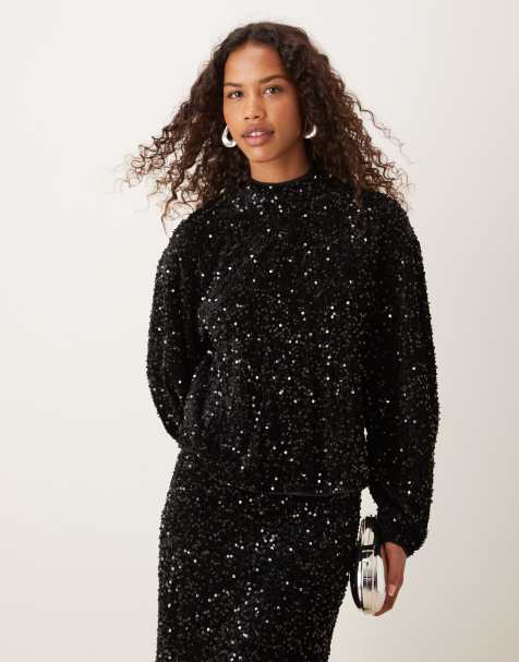 ASOS DESIGN - Fluwelen blouse met lovertjes, open achterkant en lange mouwen in zwart, deel van co-ord set - view 1