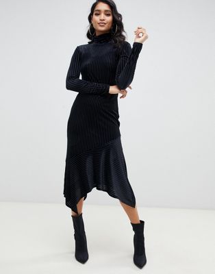 ASOS DESIGN - Fluwelen burn-out midi-jurk met ongelijke zoom-Zwart