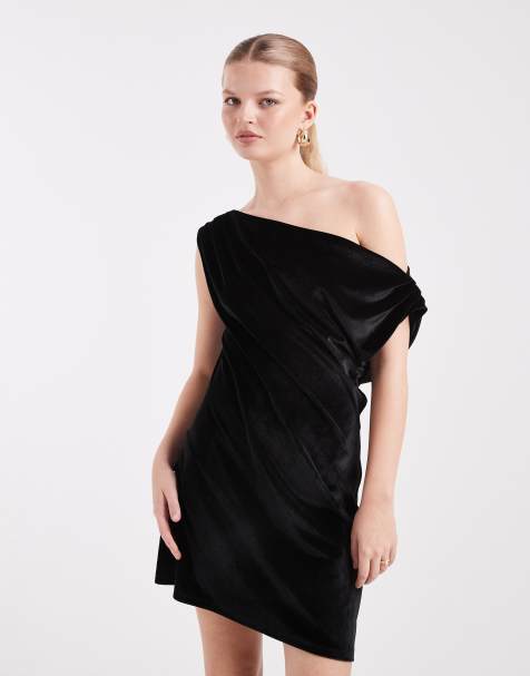 ASOS DESIGN - Fluwelen gedrapeerde mini jurk met blote schouder in zwart - view 1