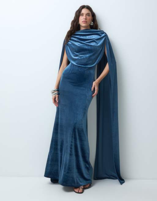 ASOS DESIGN fluwelen maxi jurk met sjaaldetail in blauw, 2 van 5