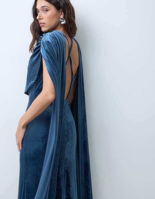 ASOS DESIGN fluwelen maxi jurk met sjaaldetail in blauw, 5 van 5