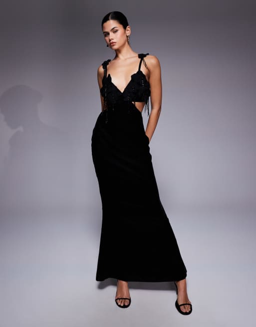 ASOS DESIGN - Fluwelen maxi jurk met uitsnijding en borduursels in zwart, 3 van 4