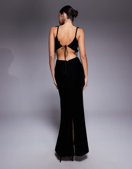 ASOS DESIGN - Fluwelen maxi jurk met uitsnijding en borduursels in zwart, 4 van 4