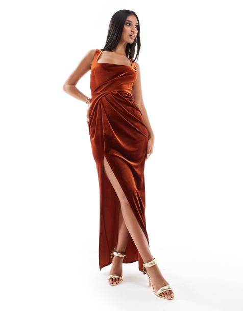 ASOS DESIGN - Fluwelen maxi jurk met vierkante hals en gedrapeerde rok in roestbruin - view 1