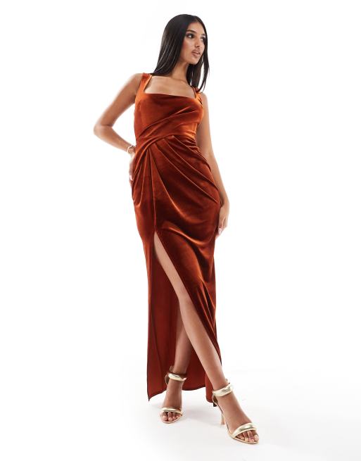 ASOS DESIGN - Fluwelen maxi jurk met vierkante hals en gedrapeerde rok in roestbruin