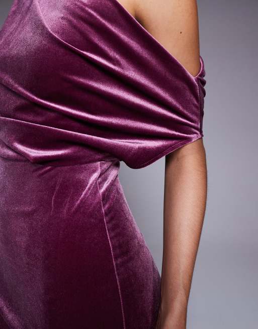 ASOS DESIGN - Fluwelen midi-jurk met dramatische halslijn in oudroze, 2 van 4