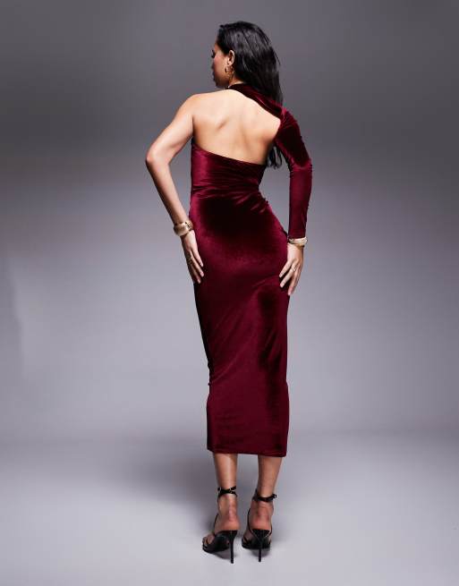 ASOS DESIGN - Fluwelen midi-jurk met overslag bij de hals in bordeauxrood, 4 van 4