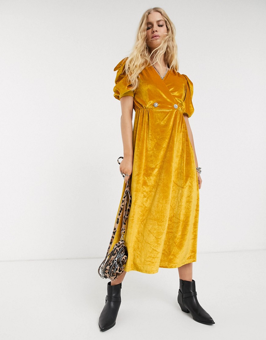 ASOS DESIGN - Fluwelen midi-jurk met pofmouwen en stras knopen-Geel