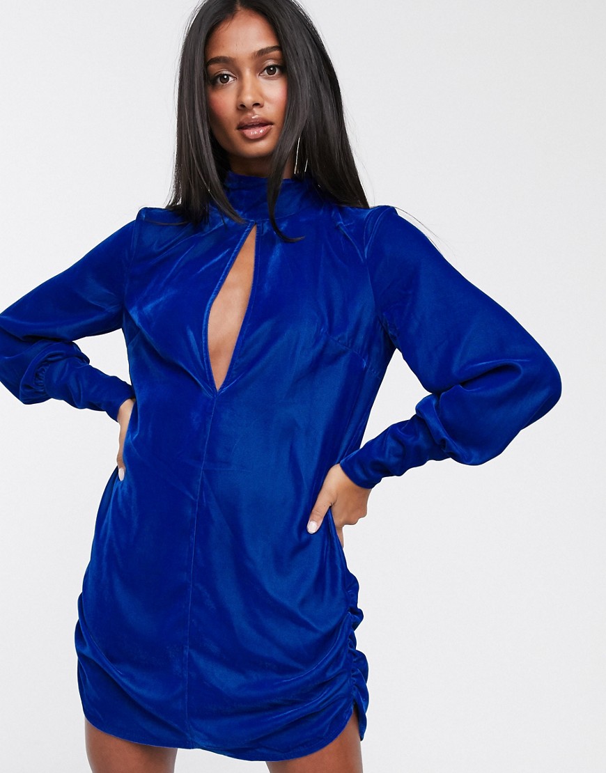ASOS DESIGN - Fluwelen mini-jurk met opening-Blauw