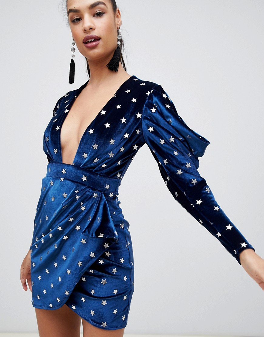 ASOS DESIGN - Fluwelen mini-jurk met sterrenprint-Marineblauw