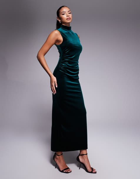 ASOS DESIGN - Fluwelen mouwloze maxi jurk met hoge hals in donkergroen - view 1