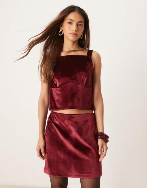 ASOS DESIGN - Fluwelen top met gestrikte bandjes in bordeauxrood, deel van co-ord set - view 1