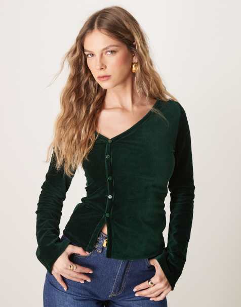 ASOS DESIGN - Fluwelen top van corduroy met asymmetrische knoopsluiting in bosgroen - view 1