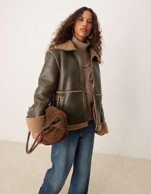 Asos Design Fly Borg Collar Aviator Jacket In Washed Mocha-brown