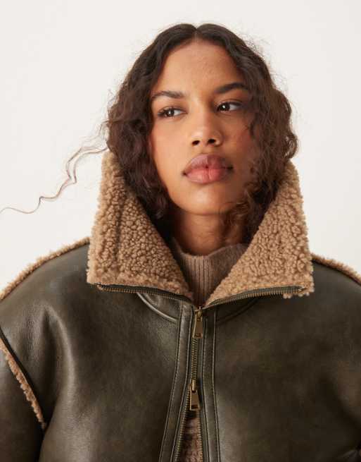 ASOS DESIGN fly borg collar aviator jacket in washed mocha ASOS