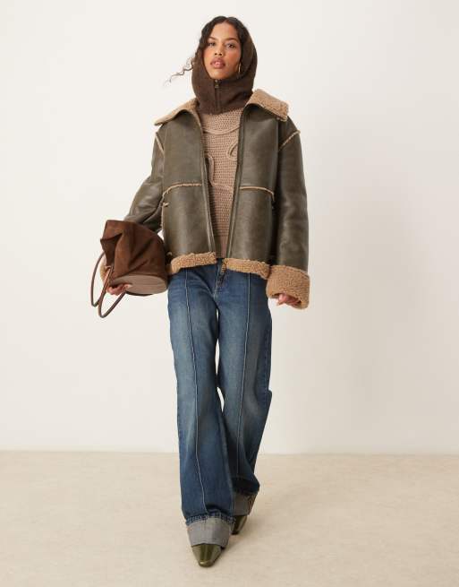 ASOS DESIGN fly borg collar aviator jacket in washed mocha ASOS