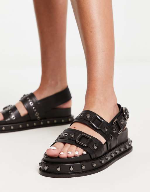 ASOS DESIGN Focused leather studded flat sandals in black