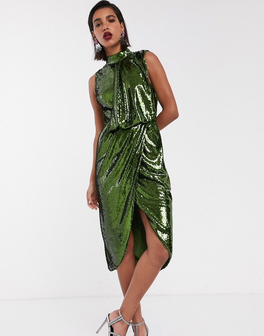 ASOS DESIGN – Fodralklänning i midimodell med paljetter och drapering framtill-Grön