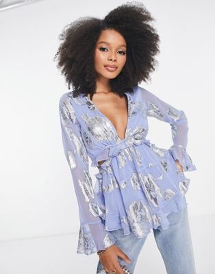 ASOS DESIGN foil applique blouse with cut out back and frill detail in blue  - ASOS Price Checker