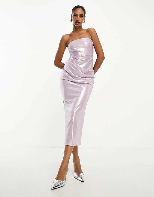 ASOS DESIGN foil bandeau midi dress in lilac metallic | ASOS