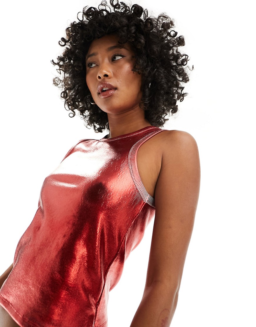 ASOS DESIGN foil coated ribbed vest top in red