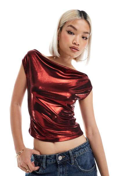 ASOS DESIGN foil cowl neck top in red - view 1
