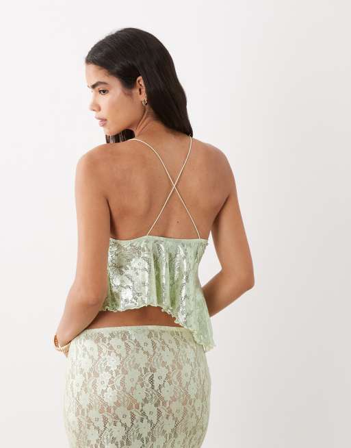 ASOS DESIGN foil lace asymmetrical cami top in mint, 3 of 4