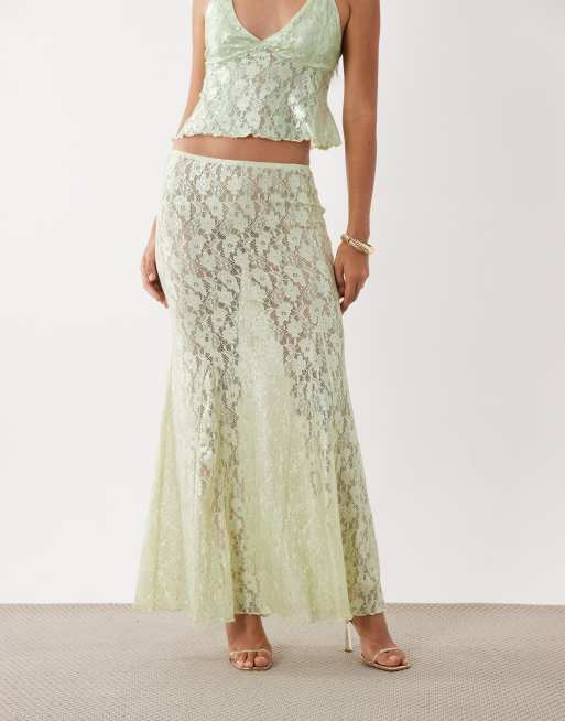 ASOS DESIGN foil lace sheer  maxi skirt in mint, 2 of 5