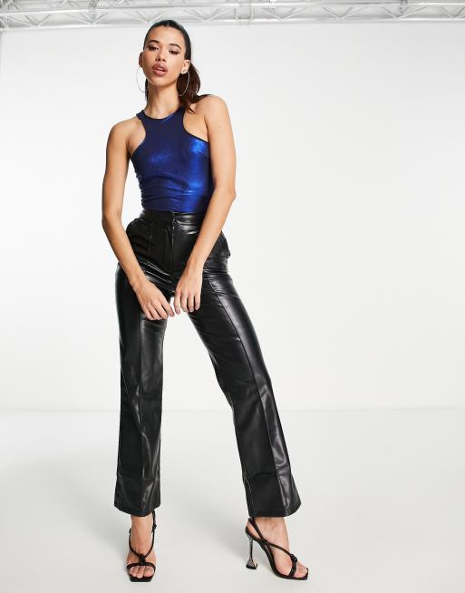 ASOS DESIGN foil racer neck bodysuit in blue, 3 of 4