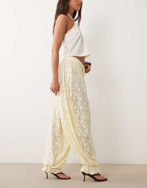 ASOS DESIGN foil sheer lace balloon trouser in yellow, 2 of 5