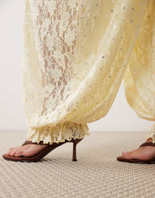 ASOS DESIGN foil sheer lace balloon trouser in yellow, 4 of 5