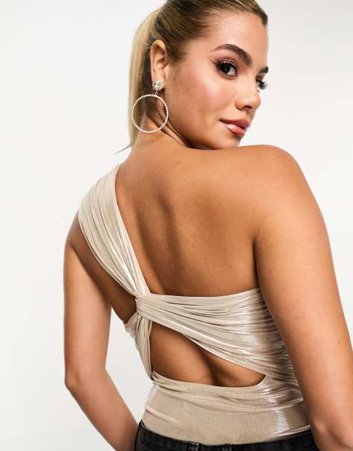 ASOS DESIGN foil shine one shoulder bodysuit with twist back in gold, 3 of 4