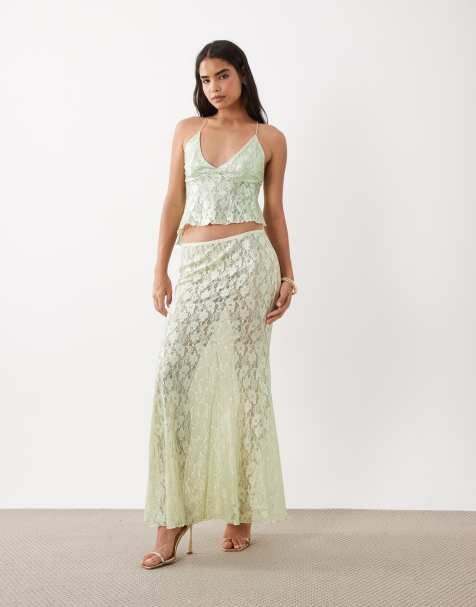ASOS DESIGN foil spets transparent maxikjol i mint - view 1