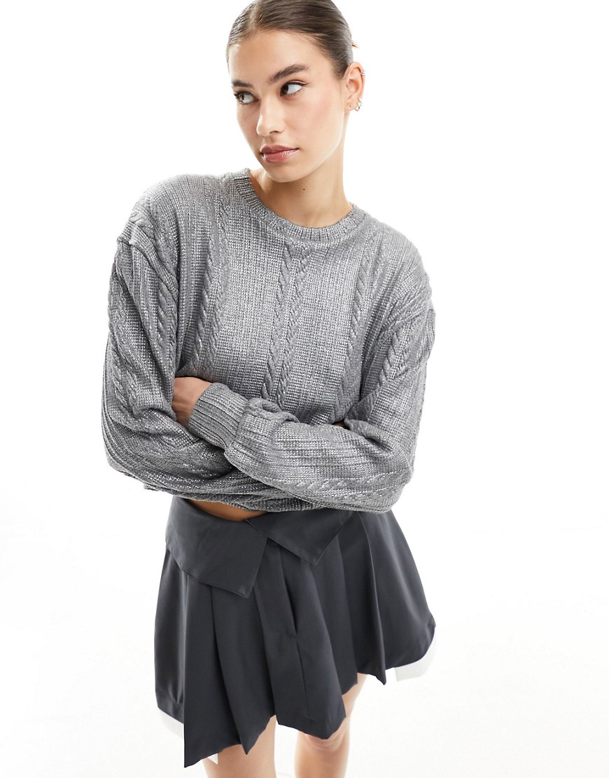 ASOS DESIGN foiled cable oversize sweatshirt in silver