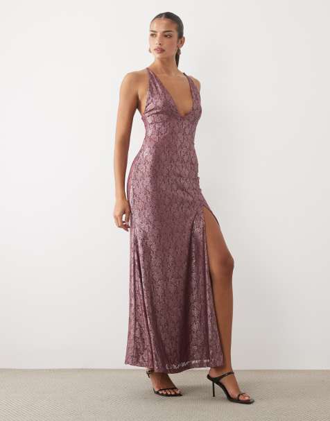 ASOS DESIGN foiled lace plunge maxi dress in burgundy