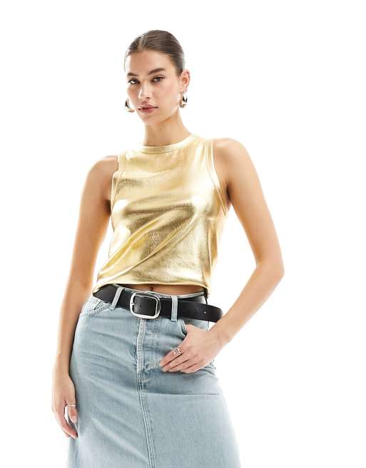ASOS DESIGN foiled rib tank in gold